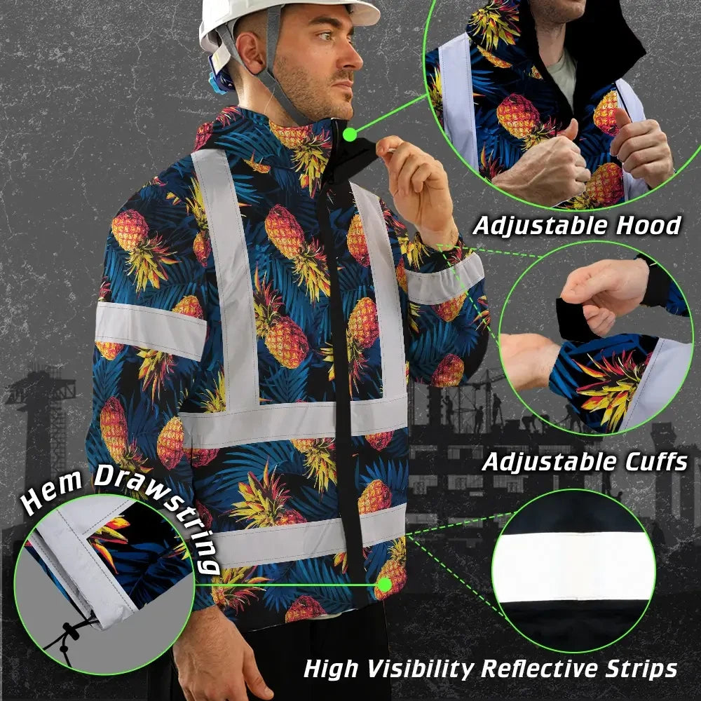 Hi Vis Jacket Waterproof Reflective Tapes Orange Neon And Dark Blue Custom Name Safety Workwear For Workers, Truckers, Operators