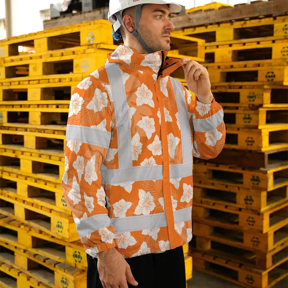 Hi Vis Jacket Waterproof Reflective Tapes Orange Neon Flowers 2 Custom Name Safety Workwear For Workers, Truckers, Operators