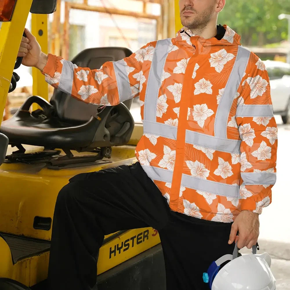 Hi Vis Jacket Waterproof Reflective Tapes Orange Neon Flowers 2 Custom Name Safety Workwear For Workers, Truckers, Operators