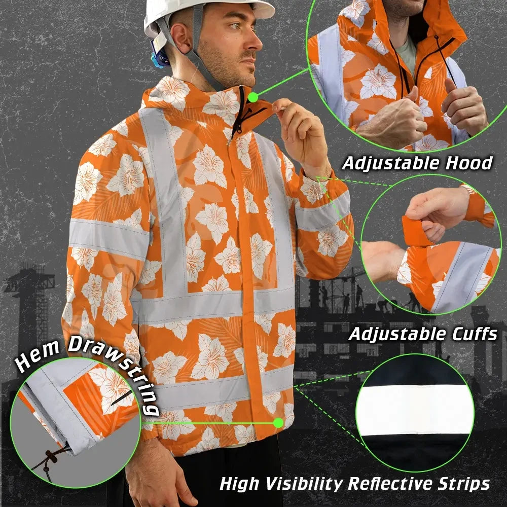 Hi Vis Jacket Waterproof Reflective Tapes Orange Neon Flowers 2 Custom Name Safety Workwear For Workers, Truckers, Operators