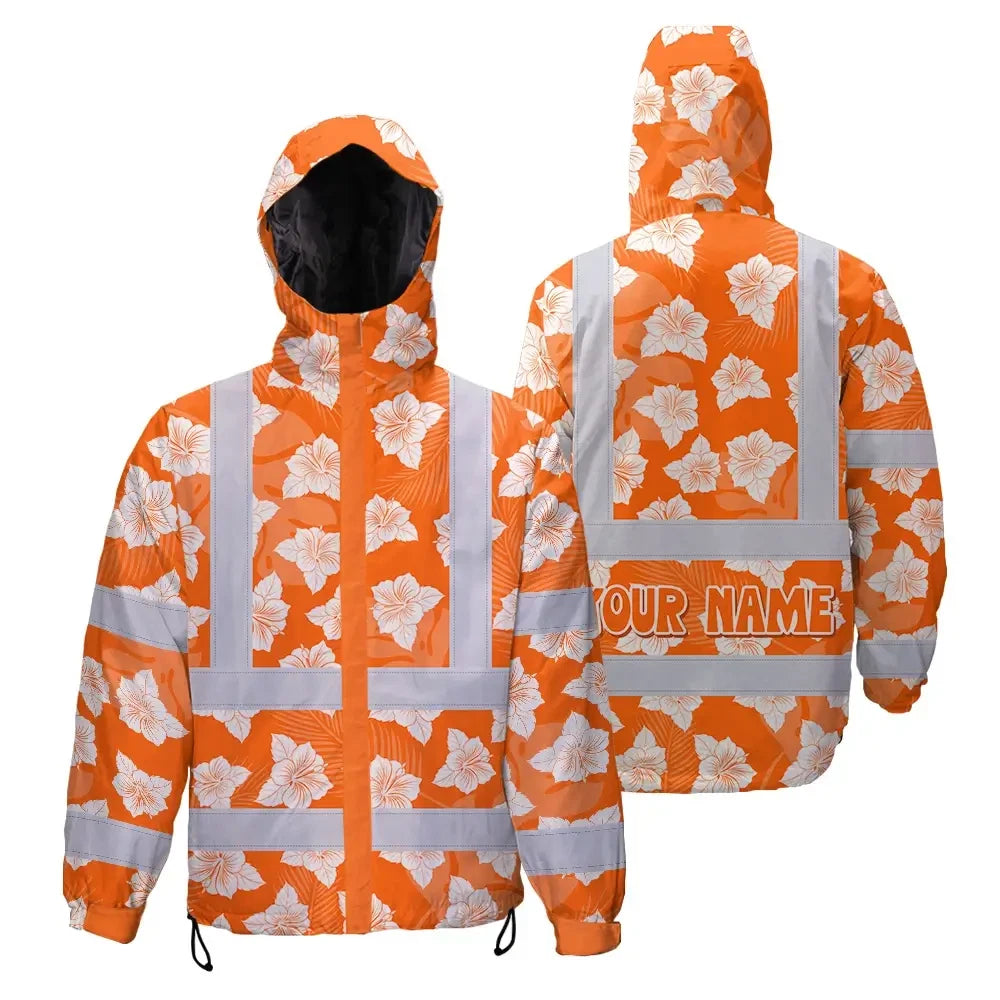 Hi Vis Jacket Waterproof Reflective Tapes Orange Neon Flowers 2 Custom Name Safety Workwear For Workers, Truckers, Operators