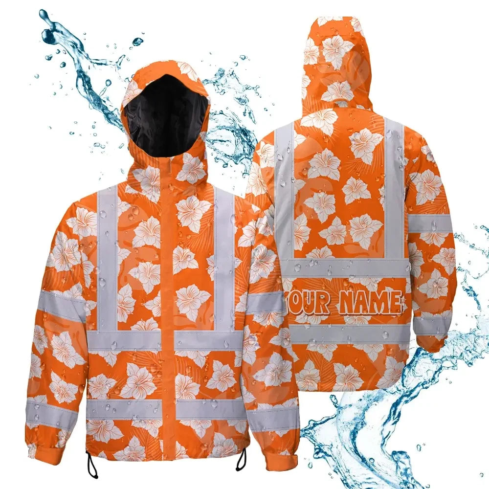 Hi Vis Jacket Waterproof Reflective Tapes Orange Neon Flowers 2 Custom Name Safety Workwear For Workers, Truckers, Operators