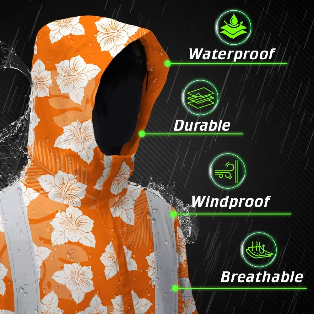 Hi Vis Jacket Waterproof Reflective Tapes Orange Neon Flowers 2 Custom Name Safety Workwear For Workers, Truckers, Operators