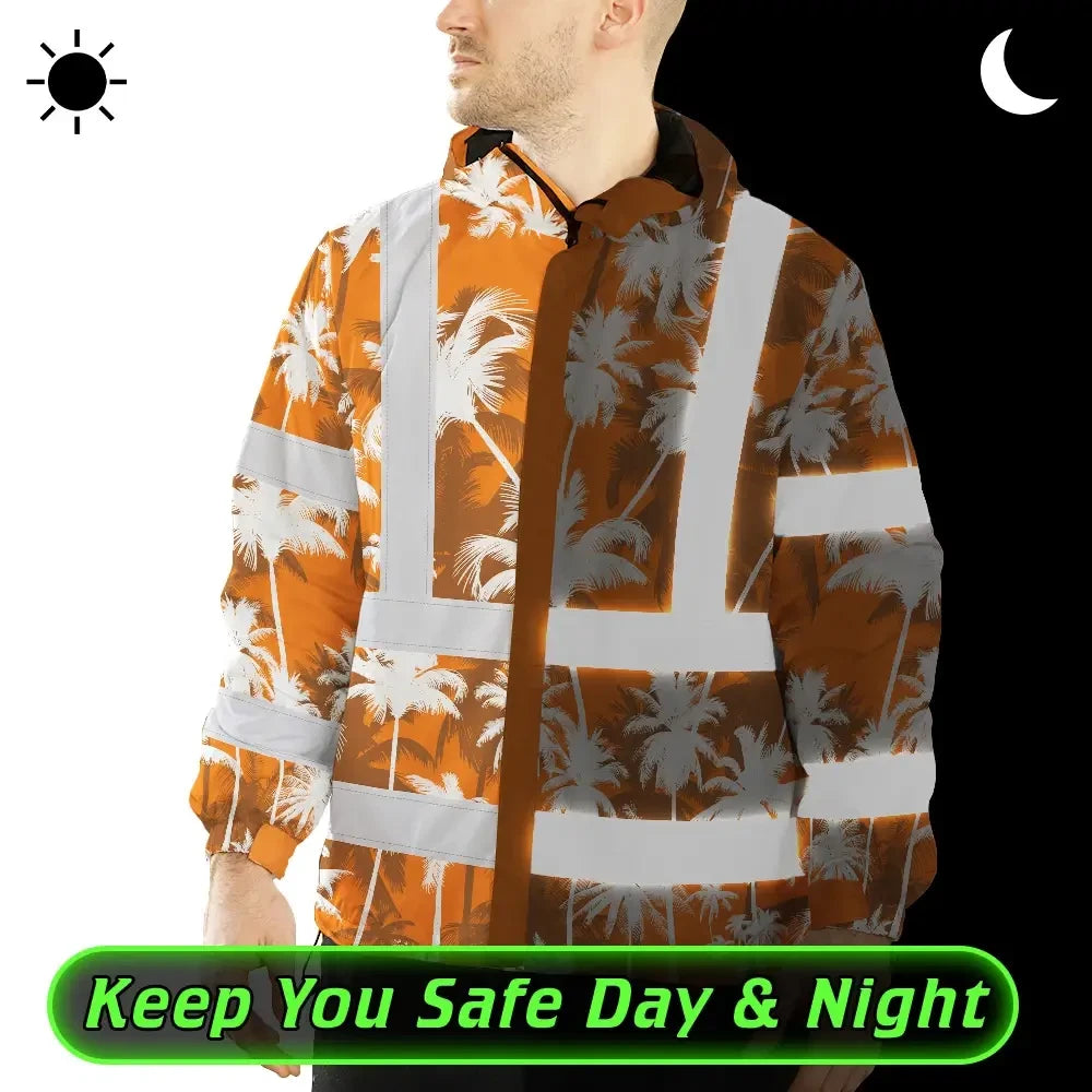 Hi Vis Jacket Waterproof Reflective Tapes Orange Neon Flowers Custom Name Safety Workwear For Workers, Truckers, Operators