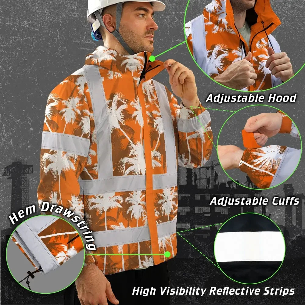 Hi Vis Jacket Waterproof Reflective Tapes Orange Neon Flowers Custom Name Safety Workwear For Workers, Truckers, Operators