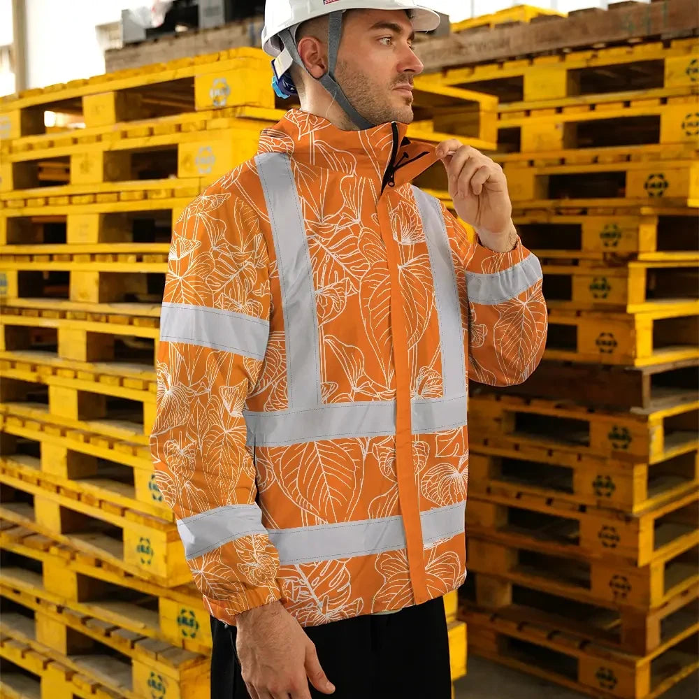 Hi Vis Jacket Waterproof Reflective Tapes Orange Neon Flowers Custom Name Safety Workwear For Workers, Truckers, Operators