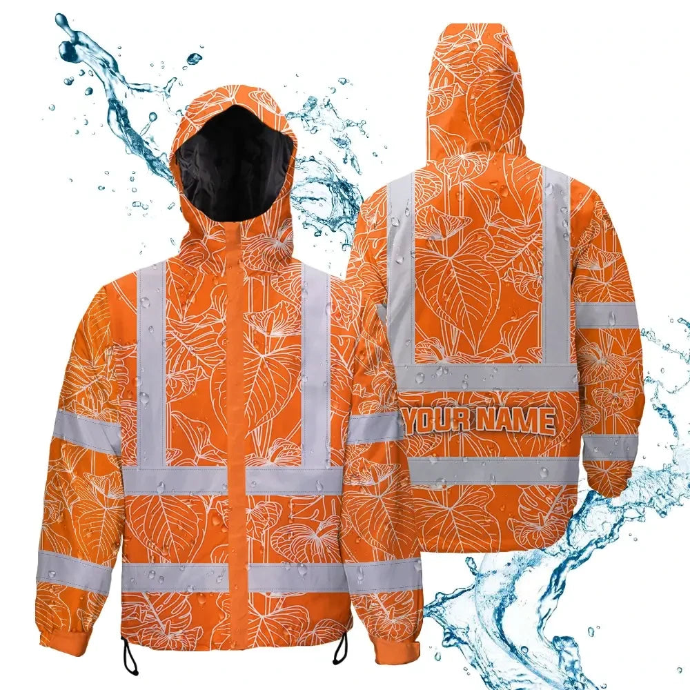 Hi Vis Jacket Waterproof Reflective Tapes Orange Neon Flowers Custom Name Safety Workwear For Workers, Truckers, Operators