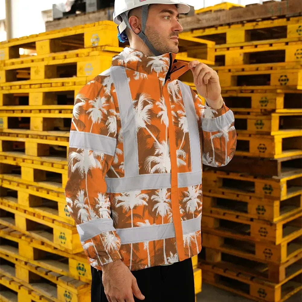 Hi Vis Jacket Waterproof Reflective Tapes Orange Neon Flowers Custom Name Safety Workwear For Workers, Truckers, Operators