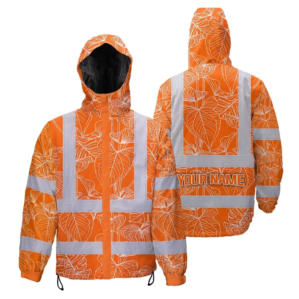 Hi Vis Jacket Waterproof Reflective Tapes Orange Neon Flowers Custom Name Safety Workwear For Workers, Truckers, Operators
