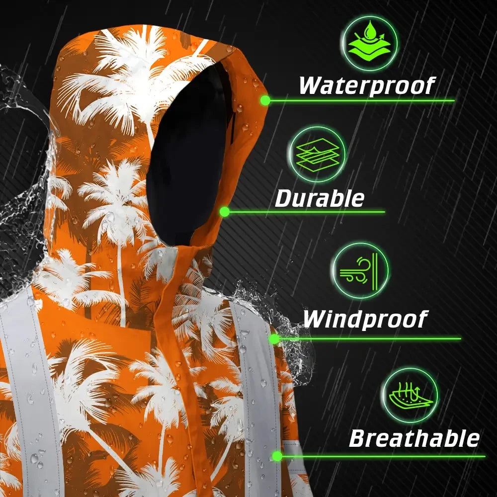 Hi Vis Jacket Waterproof Reflective Tapes Orange Neon Flowers Custom Name Safety Workwear For Workers, Truckers, Operators