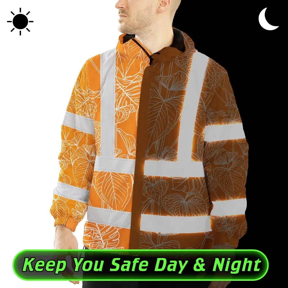 Hi Vis Jacket Waterproof Reflective Tapes Orange Neon Flowers Custom Name Safety Workwear For Workers, Truckers, Operators