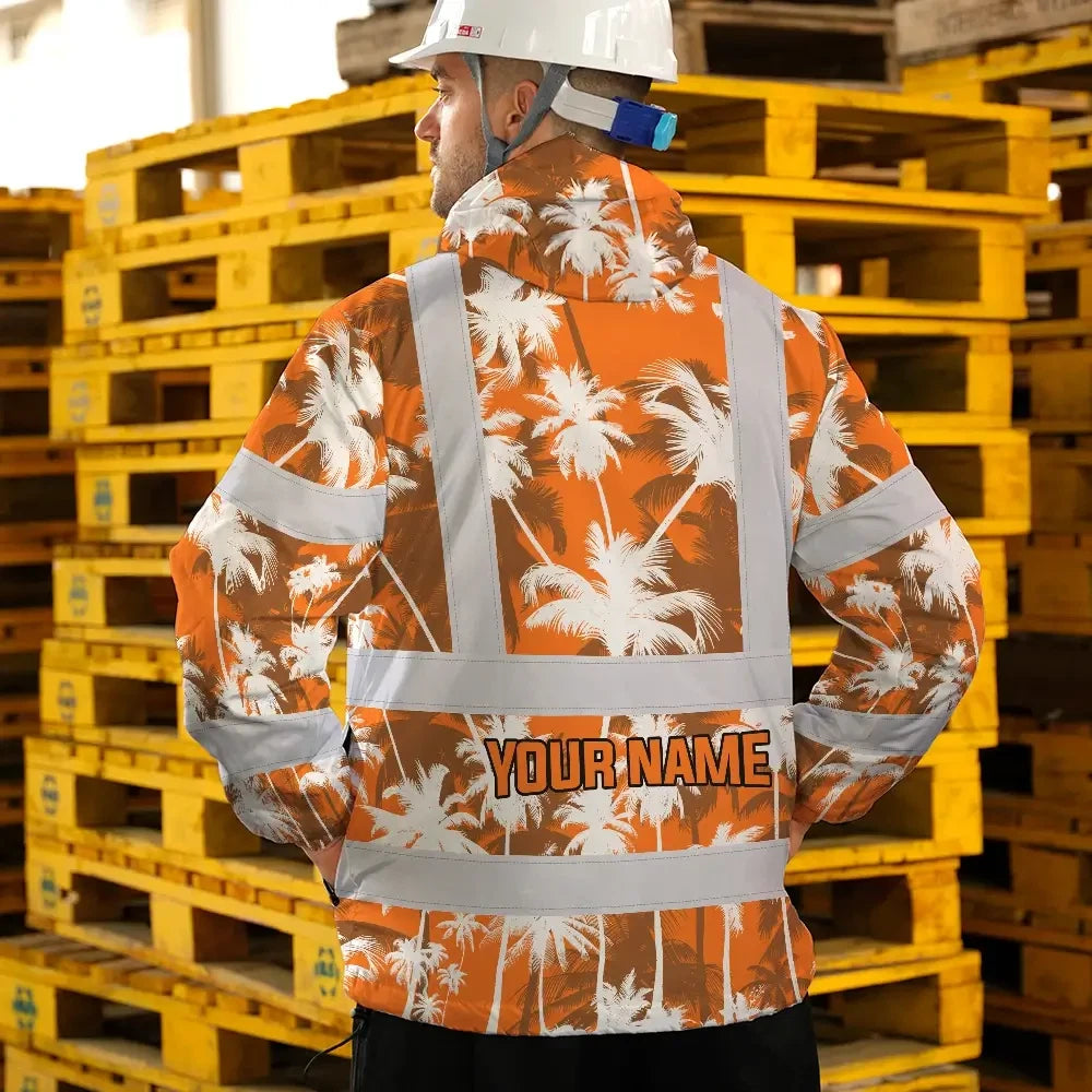 Hi Vis Jacket Waterproof Reflective Tapes Orange Neon Flowers Custom Name Safety Workwear For Workers, Truckers, Operators