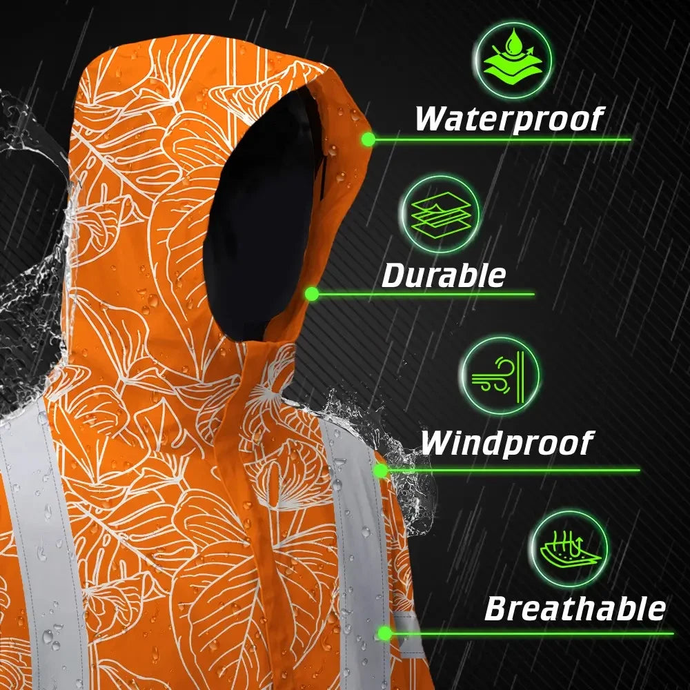 Hi Vis Jacket Waterproof Reflective Tapes Orange Neon Flowers Custom Name Safety Workwear For Workers, Truckers, Operators
