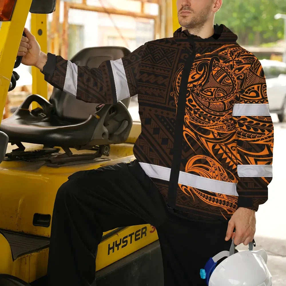 Hi Vis Jacket Waterproof Reflective Tapes Orange Neon Hawaiian Polynesian Tribal Custom Name Safety Workwear For Workers, Truckers, Operators