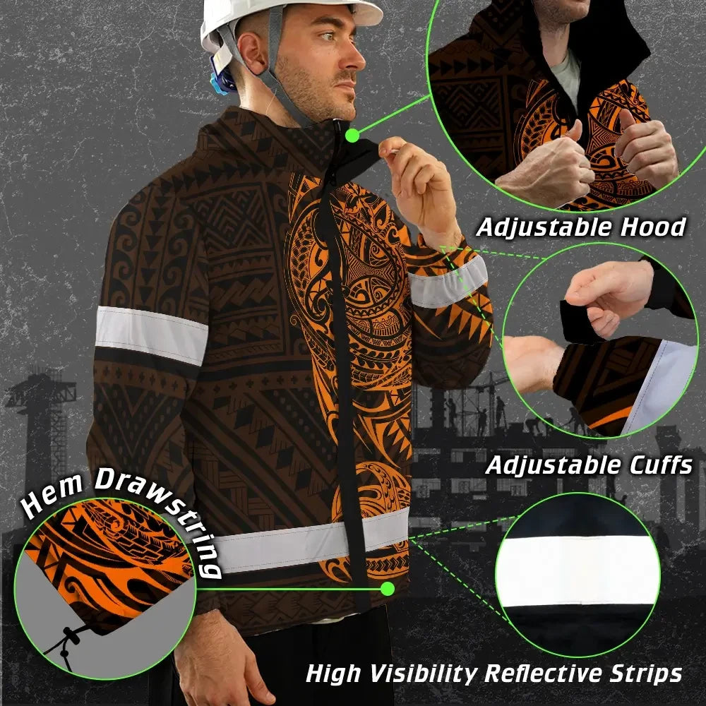 Hi Vis Jacket Waterproof Reflective Tapes Orange Neon Hawaiian Polynesian Tribal Custom Name Safety Workwear For Workers, Truckers, Operators