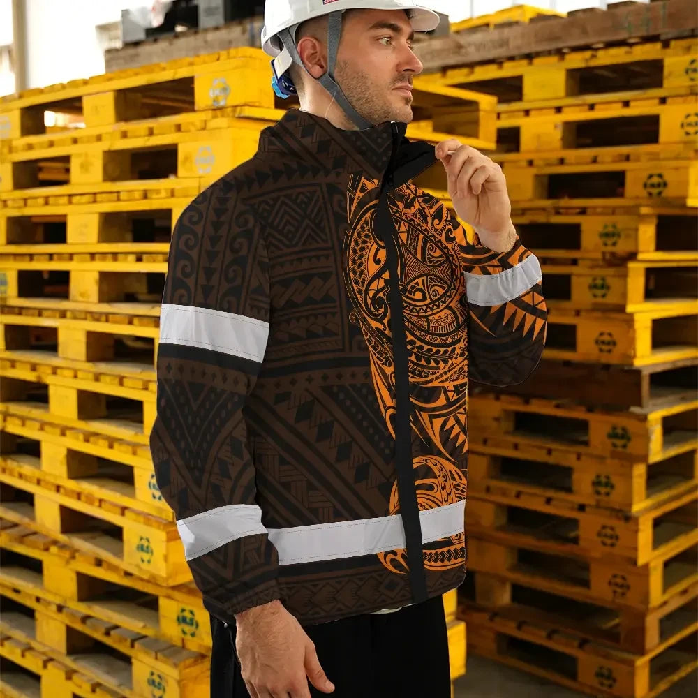 Hi Vis Jacket Waterproof Reflective Tapes Orange Neon Hawaiian Polynesian Tribal Custom Name Safety Workwear For Workers, Truckers, Operators