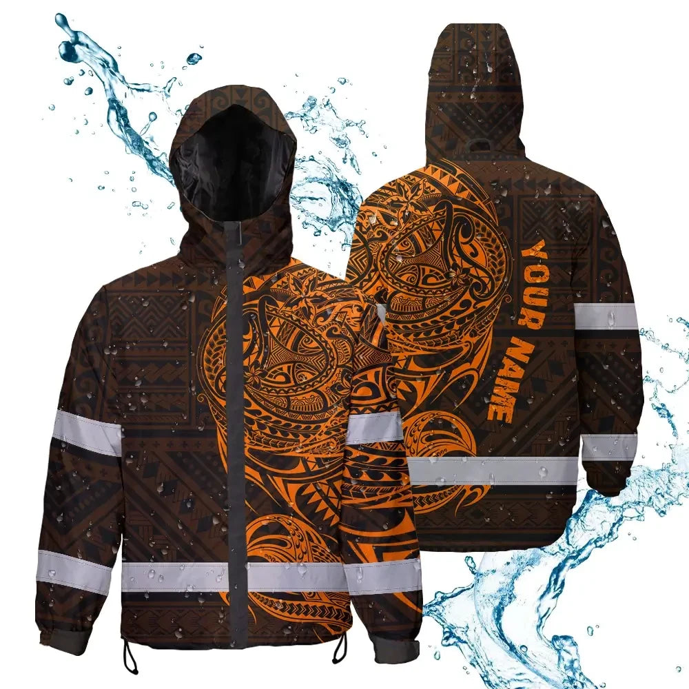 Hi Vis Jacket Waterproof Reflective Tapes Orange Neon Hawaiian Polynesian Tribal Custom Name Safety Workwear For Workers, Truckers, Operators