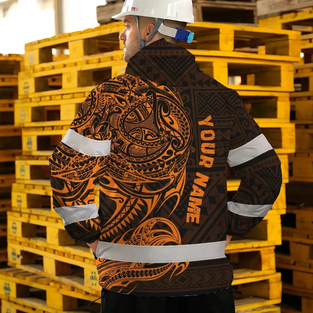 Hi Vis Jacket Waterproof Reflective Tapes Orange Neon Hawaiian Polynesian Tribal Custom Name Safety Workwear For Workers, Truckers, Operators