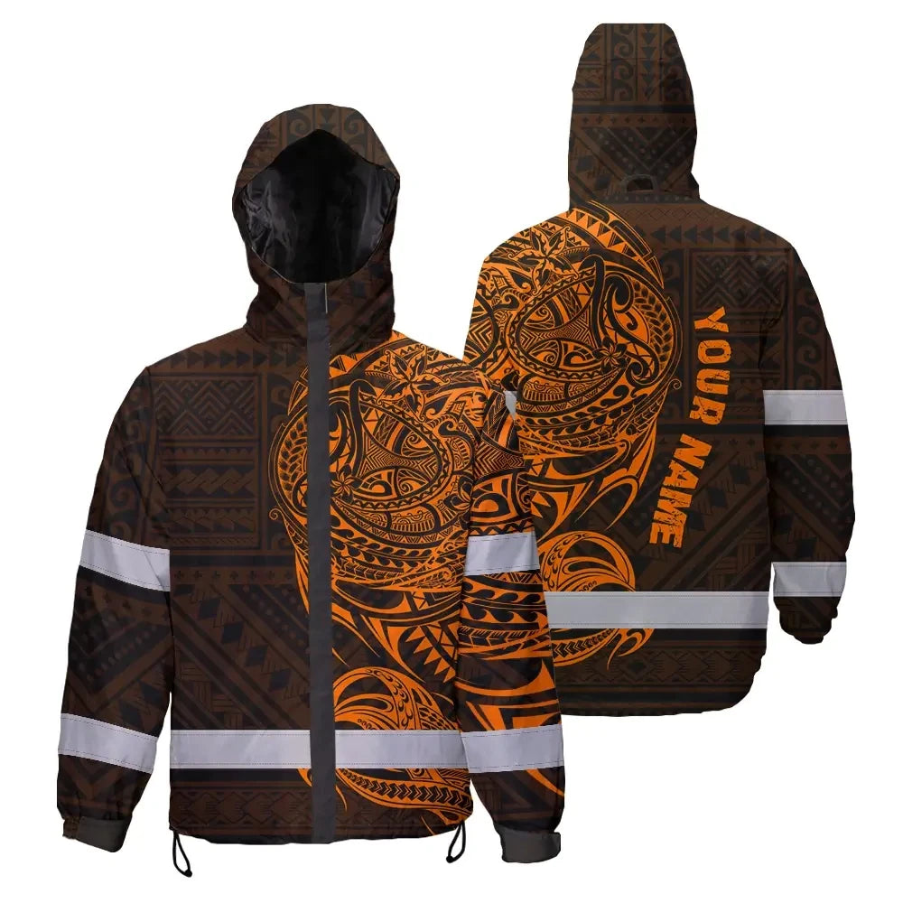 Hi Vis Jacket Waterproof Reflective Tapes Orange Neon Hawaiian Polynesian Tribal Custom Name Safety Workwear For Workers, Truckers, Operators