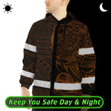 Hi Vis Jacket Waterproof Reflective Tapes Orange Neon Hawaiian Polynesian Tribal Custom Name Safety Workwear For Workers, Truckers, Operators