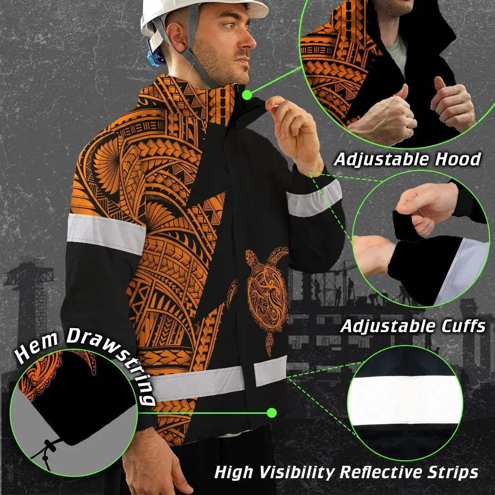 Hi Vis Jacket Waterproof Reflective Tapes Orange Neon Turtle Hawaii Custom Name Safety Workwear For Workers, Truckers, Operators