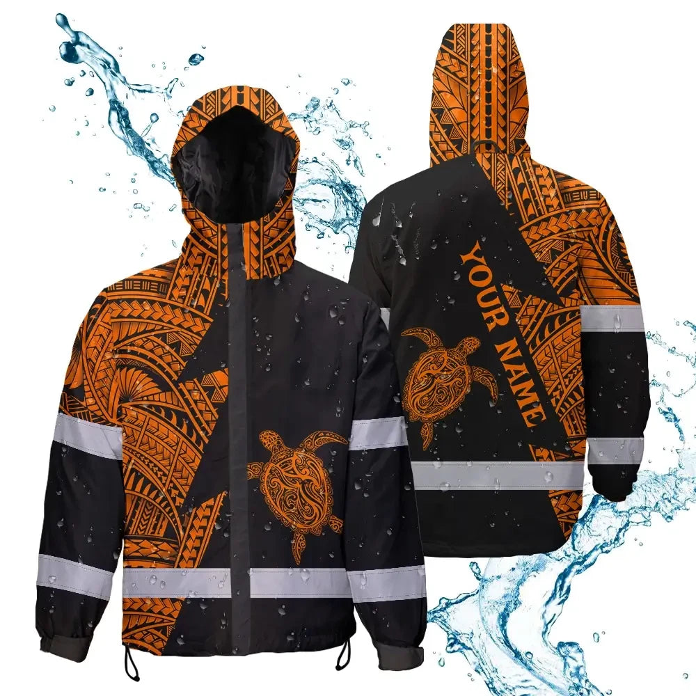 Hi Vis Jacket Waterproof Reflective Tapes Orange Neon Turtle Hawaii Custom Name Safety Workwear For Workers, Truckers, Operators