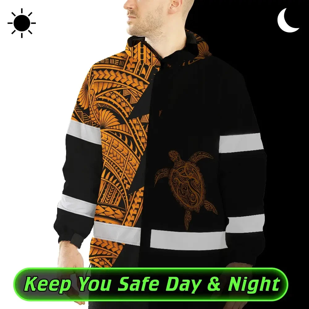 Hi Vis Jacket Waterproof Reflective Tapes Orange Neon Turtle Hawaii Custom Name Safety Workwear For Workers, Truckers, Operators