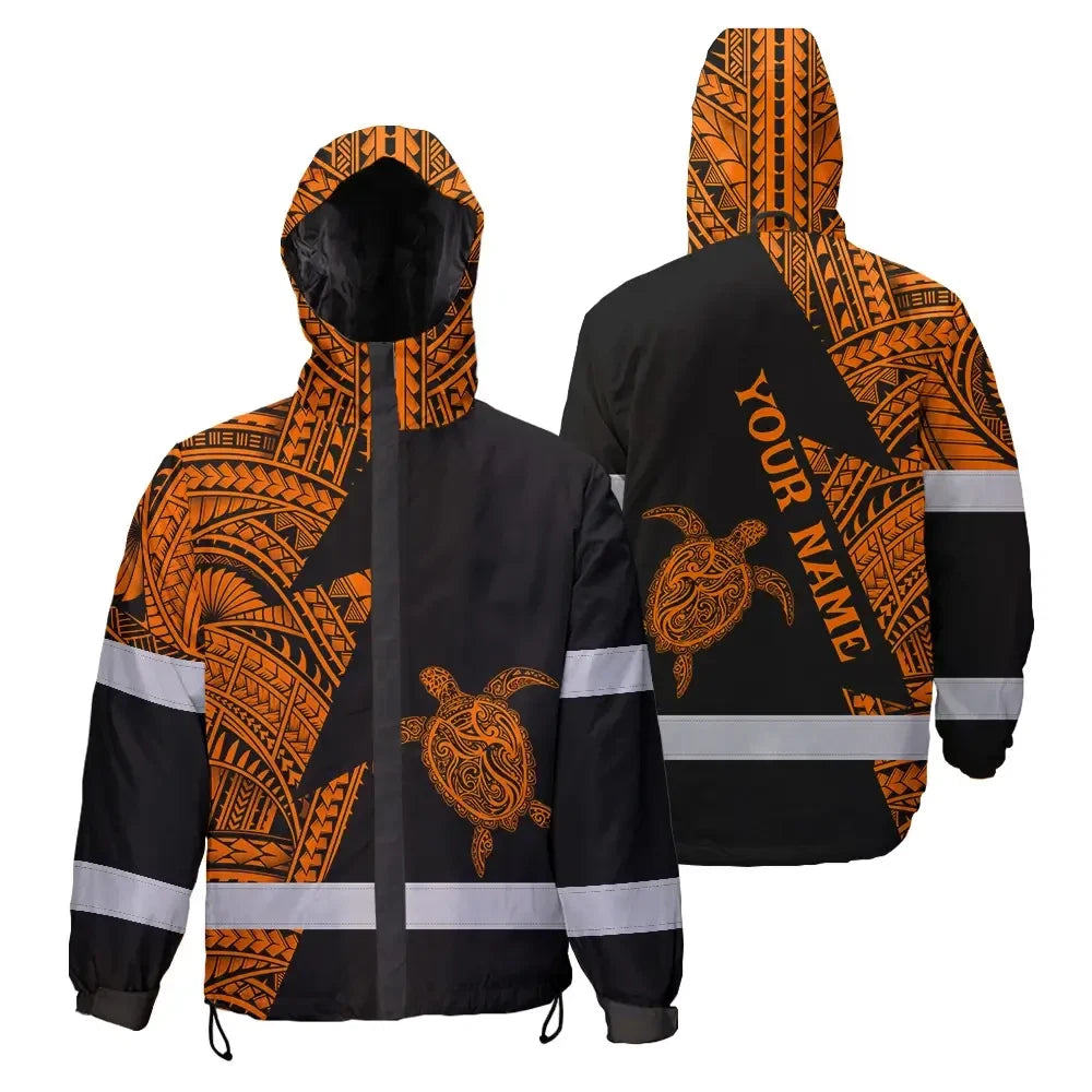 Hi Vis Jacket Waterproof Reflective Tapes Orange Neon Turtle Hawaii Custom Name Safety Workwear For Workers, Truckers, Operators