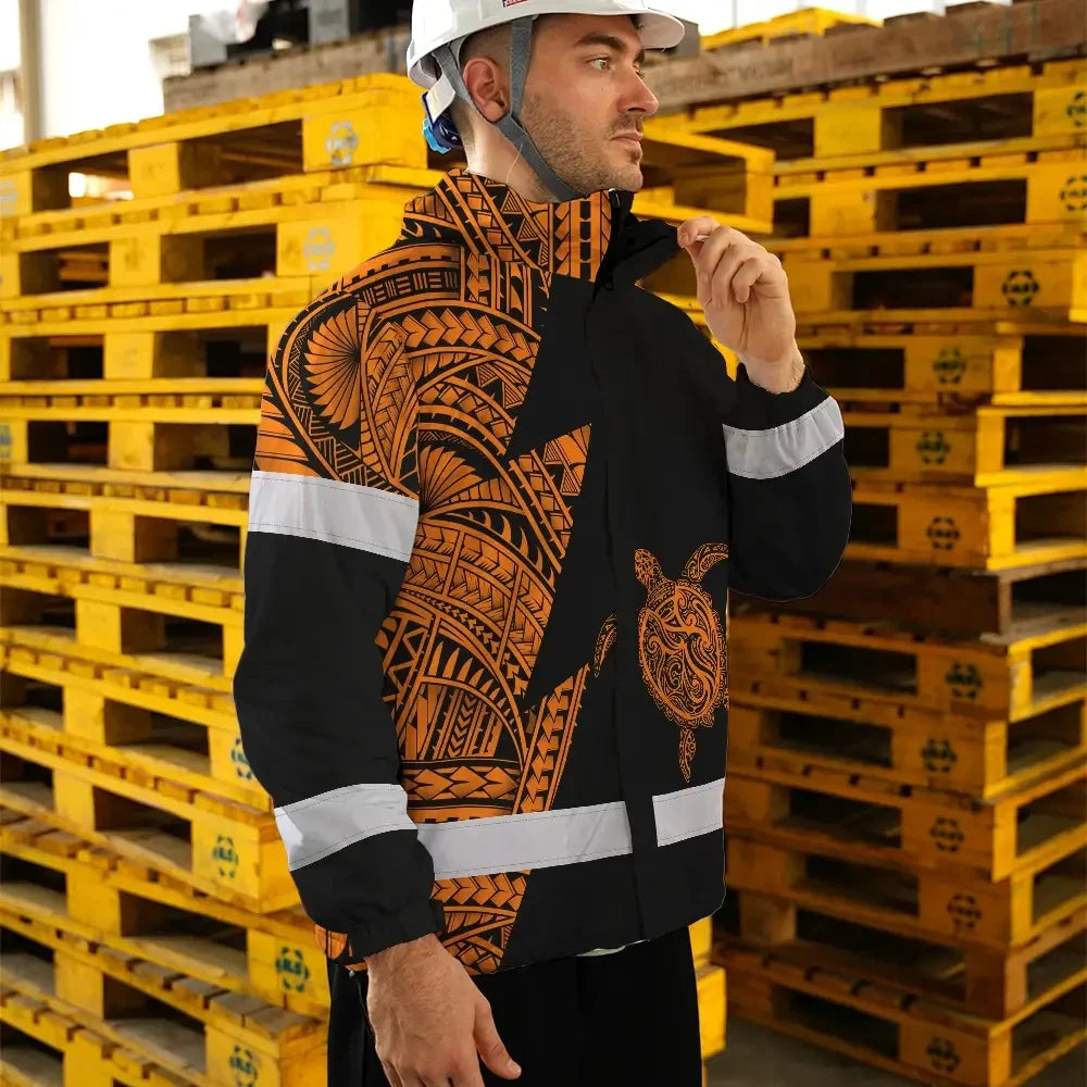Hi Vis Jacket Waterproof Reflective Tapes Orange Neon Turtle Hawaii Custom Name Safety Workwear For Workers, Truckers, Operators
