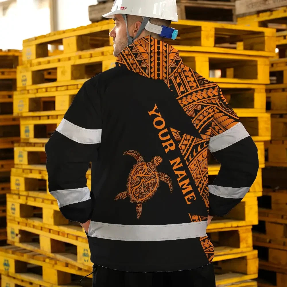 Hi Vis Jacket Waterproof Reflective Tapes Orange Neon Turtle Hawaii Custom Name Safety Workwear For Workers, Truckers, Operators