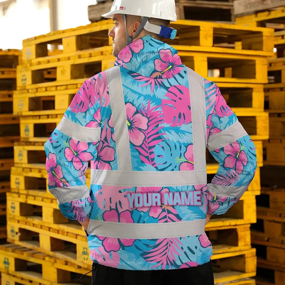 Hi Vis Jacket Waterproof Reflective Tapes Pink Neon And Blue Flowers Custom Name Safety Workwear For Workers, Truckers, Operators