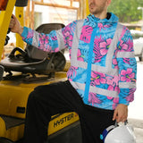 Hi Vis Jacket Waterproof Reflective Tapes Pink Neon And Blue Flowers Custom Name Safety Workwear For Workers, Truckers, Operators