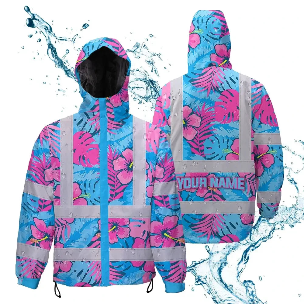 Hi Vis Jacket Waterproof Reflective Tapes Pink Neon And Blue Flowers Custom Name Safety Workwear For Workers, Truckers, Operators