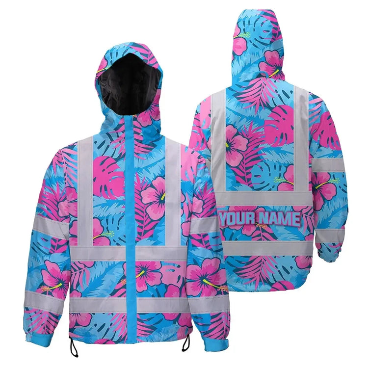 Pink Neon And Blue Flowers Hi-Vis Waterproof Jacket