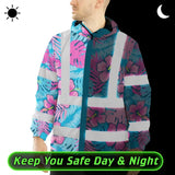 Hi Vis Jacket Waterproof Reflective Tapes Pink Neon And Blue Flowers Custom Name Safety Workwear For Workers, Truckers, Operators