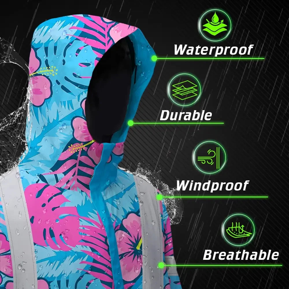 Hi Vis Jacket Waterproof Reflective Tapes Pink Neon And Blue Flowers Custom Name Safety Workwear For Workers, Truckers, Operators