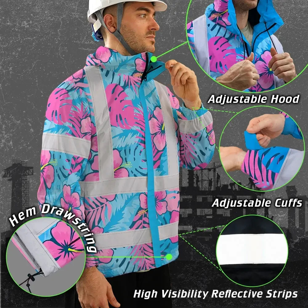 Hi Vis Jacket Waterproof Reflective Tapes Pink Neon And Blue Flowers Custom Name Safety Workwear For Workers, Truckers, Operators