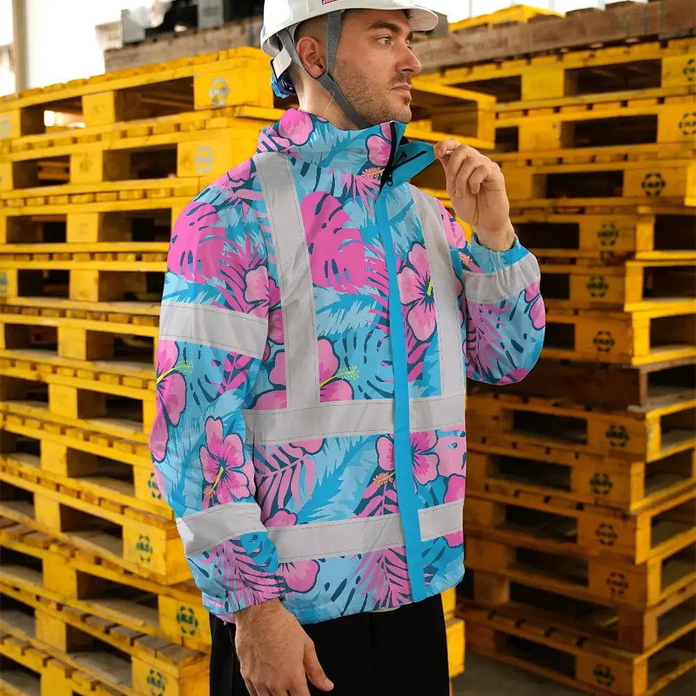 Hi Vis Jacket Waterproof Reflective Tapes Pink Neon And Blue Flowers Custom Name Safety Workwear For Workers, Truckers, Operators