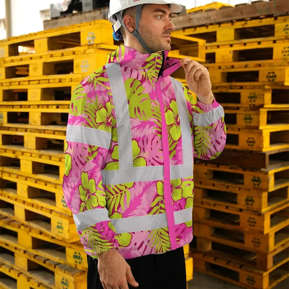 Hi Vis Jacket Waterproof Reflective Tapes Pink Neon And Lime Flowers Custom Name Safety Workwear For Workers, Truckers, Operators