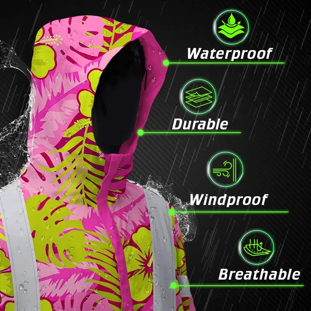 Hi Vis Jacket Waterproof Reflective Tapes Pink Neon And Lime Flowers Custom Name Safety Workwear For Workers, Truckers, Operators