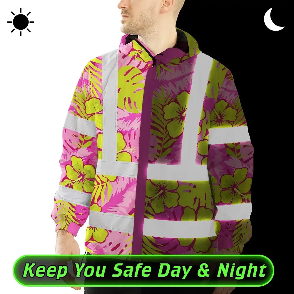 Hi Vis Jacket Waterproof Reflective Tapes Pink Neon And Lime Flowers Custom Name Safety Workwear For Workers, Truckers, Operators