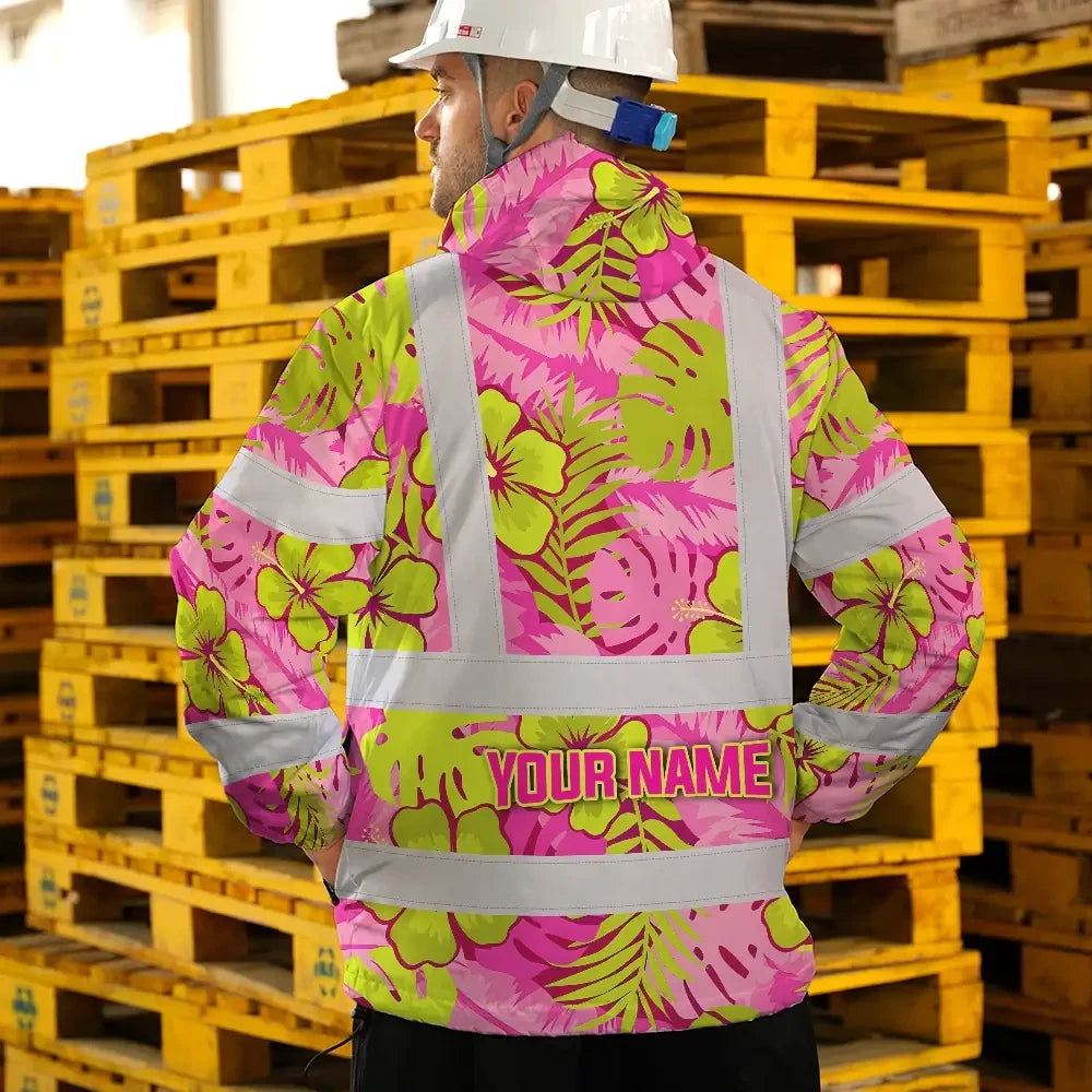 Hi Vis Jacket Waterproof Reflective Tapes Pink Neon And Lime Flowers Custom Name Safety Workwear For Workers, Truckers, Operators