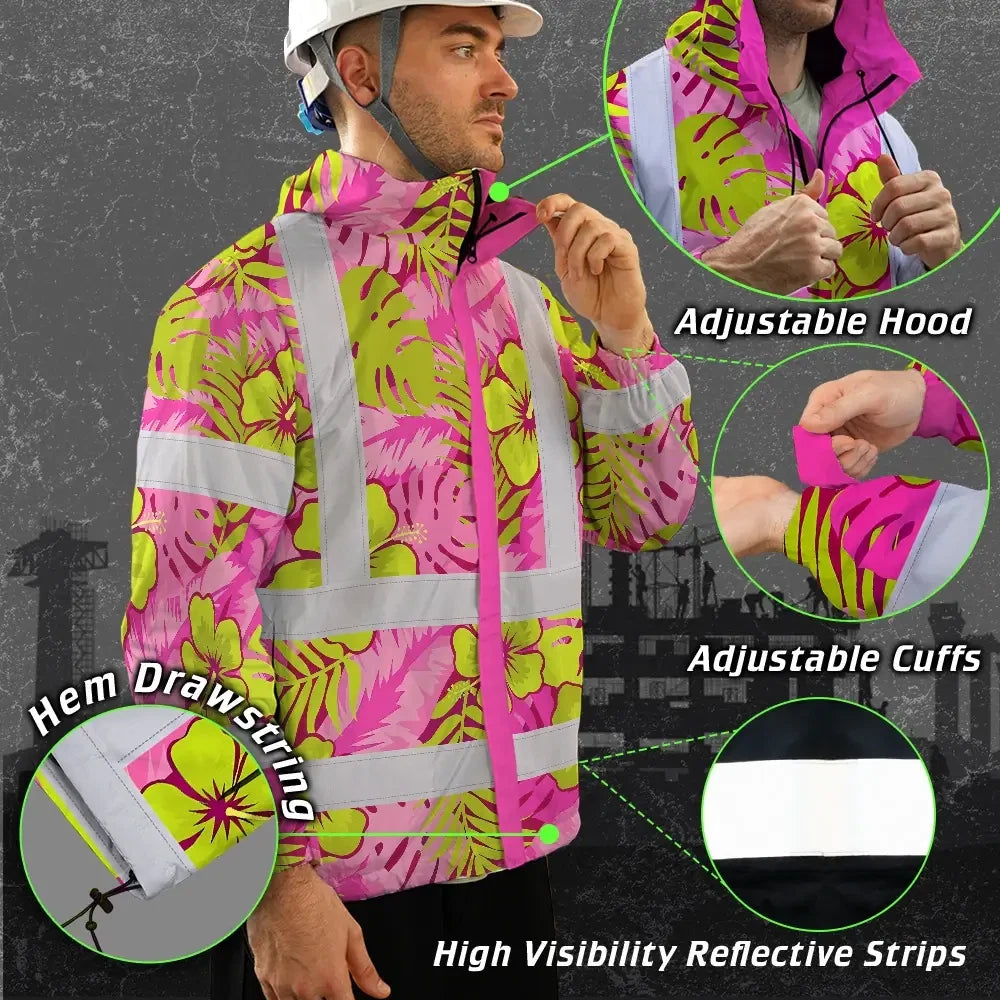 Hi Vis Jacket Waterproof Reflective Tapes Pink Neon And Lime Flowers Custom Name Safety Workwear For Workers, Truckers, Operators