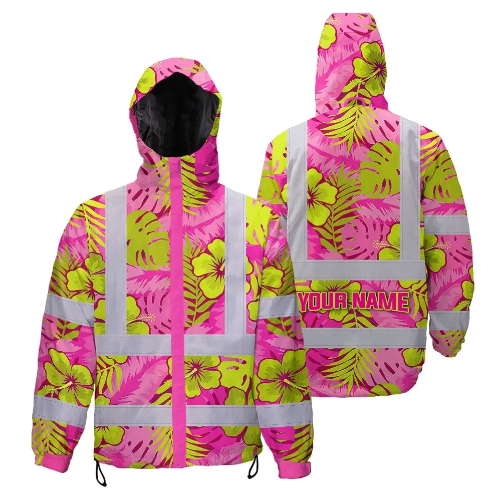 Hi Vis Jacket Waterproof Reflective Tapes Pink Neon And Lime Flowers Custom Name Safety Workwear For Workers, Truckers, Operators