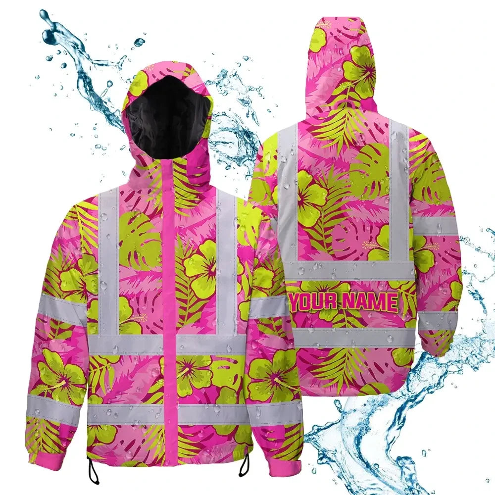 Hi Vis Jacket Waterproof Reflective Tapes Pink Neon And Lime Flowers Custom Name Safety Workwear For Workers, Truckers, Operators