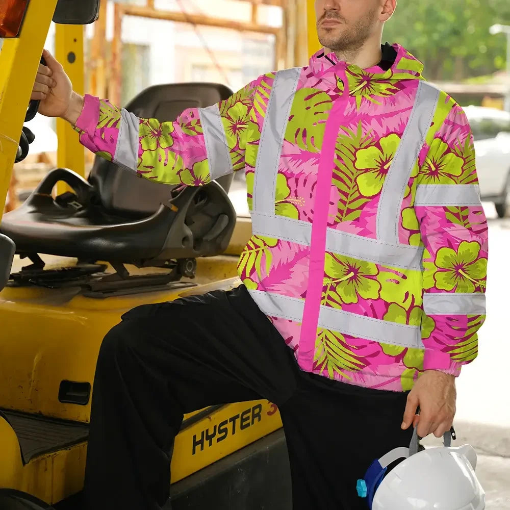 Hi Vis Jacket Waterproof Reflective Tapes Pink Neon And Lime Flowers Custom Name Safety Workwear For Workers, Truckers, Operators