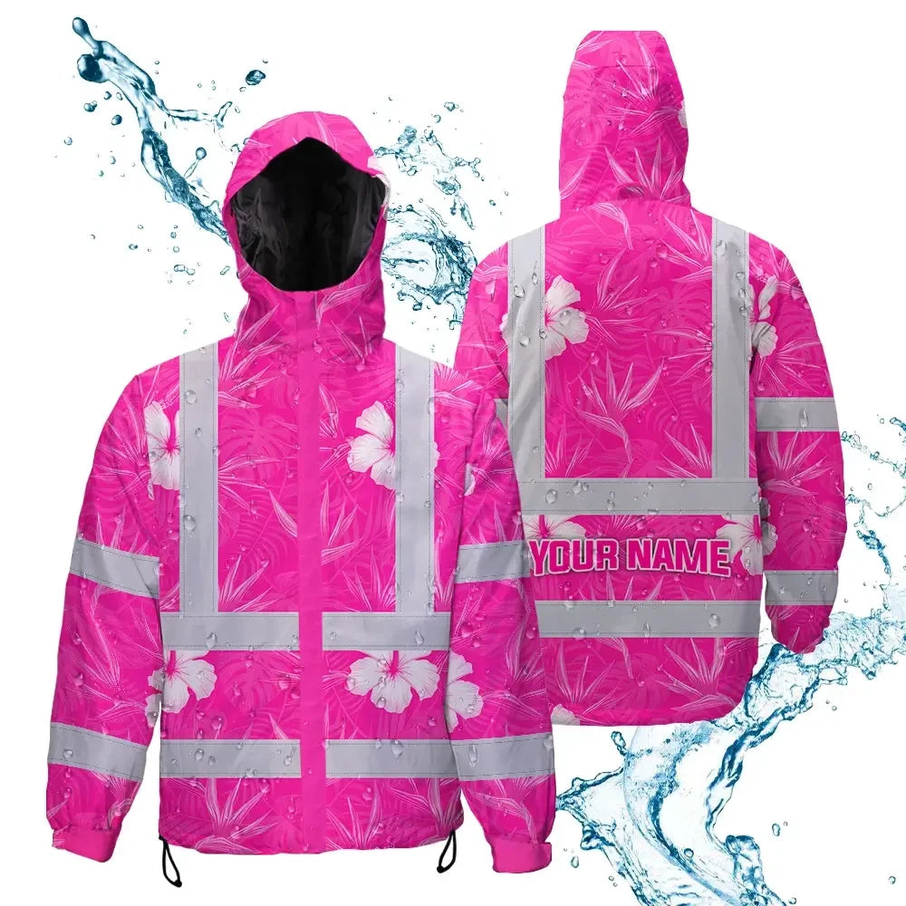 Hi Vis Jacket Waterproof Reflective Tapes Pink Neon Flowers Custom Name Safety Workwear For Workers, Truckers, Operators