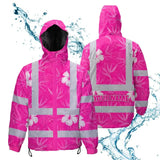 Hi Vis Jacket Waterproof Reflective Tapes Pink Neon Flowers Custom Name Safety Workwear For Workers, Truckers, Operators