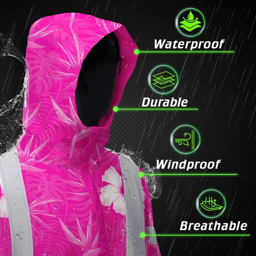 Hi Vis Jacket Waterproof Reflective Tapes Pink Neon Flowers Custom Name Safety Workwear For Workers, Truckers, Operators