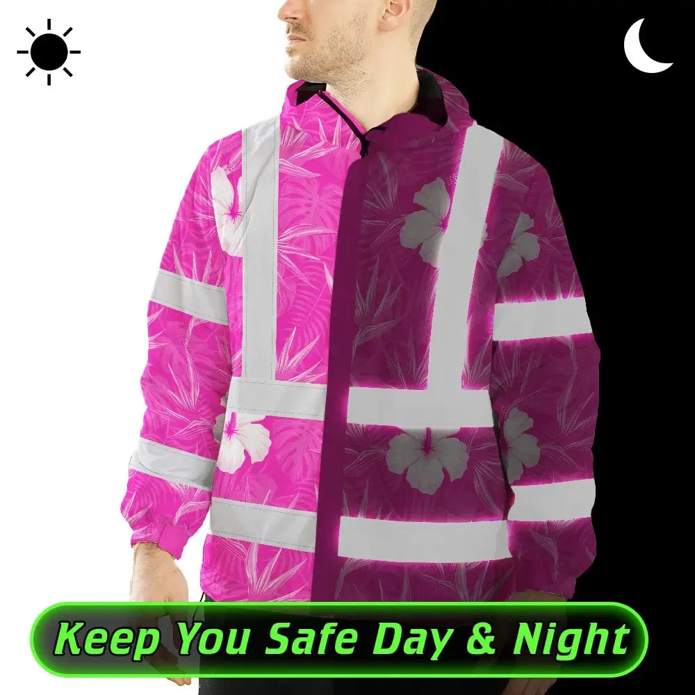 Hi Vis Jacket Waterproof Reflective Tapes Pink Neon Flowers Custom Name Safety Workwear For Workers, Truckers, Operators